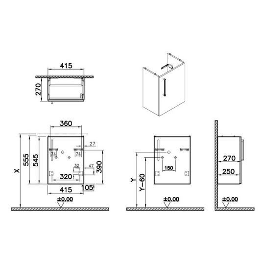 VitrA Root Flat 40cm 1 Door Wall Hung Slim Washbasin Unit (RH Hinge) | Shiny Pearl Grey | 67823 - Envy Bathrooms Ltd