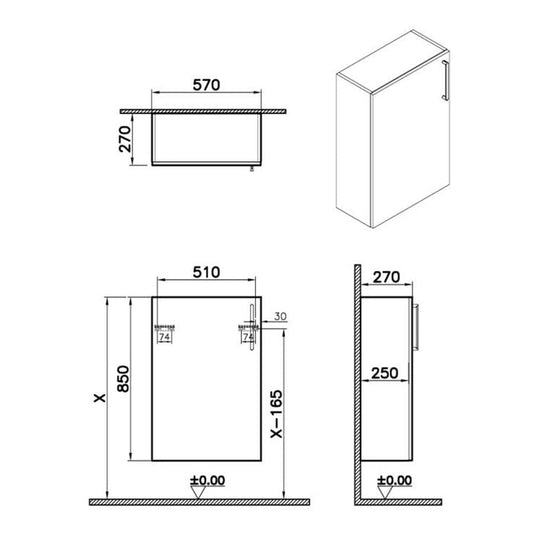 VitrA Root Flat 55cm 1 Door Slim Lower/Base Unit (LH Hinge) | Matt Rock Grey | 68042 - Envy Bathrooms Ltd