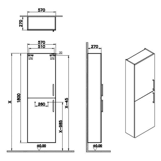 VitrA Root Flat 55cm 2 Door Slim Tall Unit (LH Hinge) | Walnut | 66240 - Envy Bathrooms Ltd