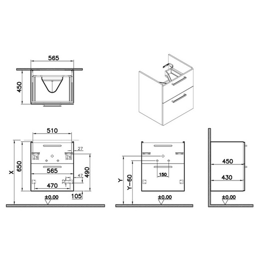 VitrA Root Flat 60cm 2 Drawer Washbasin Unit | Matt Rock Grey | 67946 - Envy Bathrooms Ltd