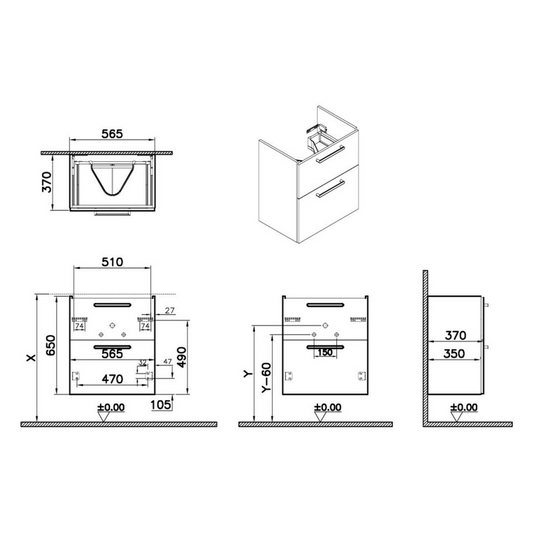 VitrA Root Flat 60cm 2 Drawer Slim Washbasin Unit | Walnut | 67860 - Envy Bathrooms Ltd