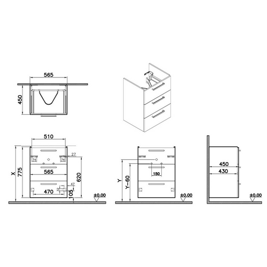 VitrA Root Flat 60cm 3 Drawer Washbasin Unit | Bright Sahara Beige | 67975 - Envy Bathrooms Ltd