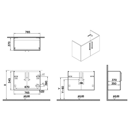 VitrA Root Flat 80cm 2 Door Wall Hung Slim Washbasin Unit | Matt Rock Grey | 67846 - Envy Bathrooms Ltd
