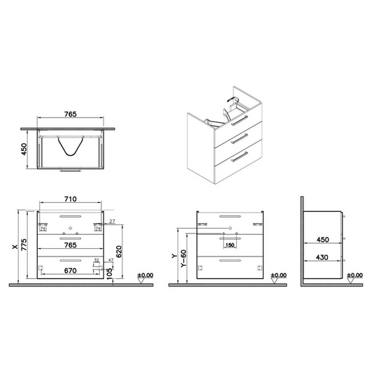 VitrA Root Flat 80cm 3 Drawer Washbasin Unit | Matt Storm Grey | 67987 - Envy Bathrooms Ltd