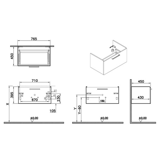 VitrA Root Flat 80cm 1 Drawer Washbasin Unit | Natural Oak | 67929 - Envy Bathrooms Ltd