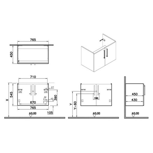 VitrA Root Flat 80cm 2 Door Wall Hung Washbasin Unit | High Gloss White | 67882 - Envy Bathrooms Ltd