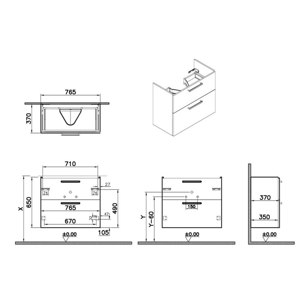 VitrA Root Flat 80cm 2 Drawer Slim Washbasin Unit | Matt Storm Grey