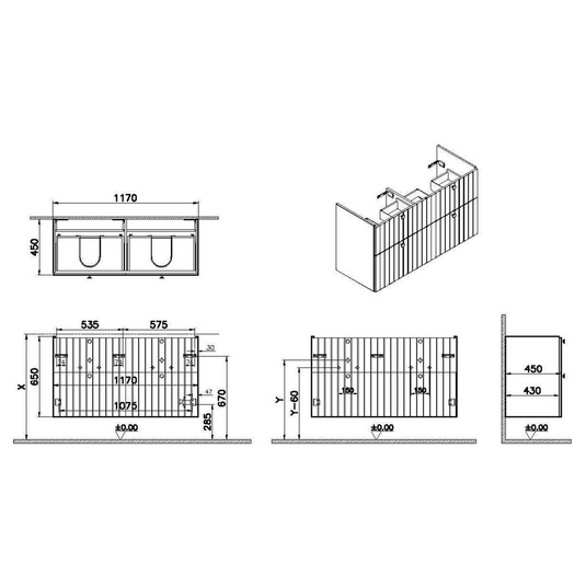 VitrA Root Groove 120cm 4 Drawer Washbasin Unit | Matt Dark Blue | 69084 - Envy Bathrooms Ltd