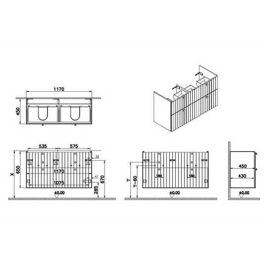 VitrA Root Groove 120cm 4 Drawer Washbasin Unit | Matt Light Grey | 69080 - Envy Bathrooms Ltd