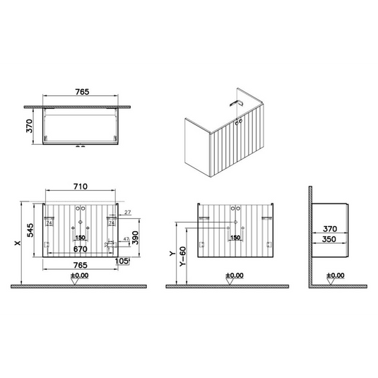 VitrA Root Groove 80cm 2 Door Wall Hung Slim Washbasin Unit | Matt Grey | 68976 - Envy Bathrooms Ltd