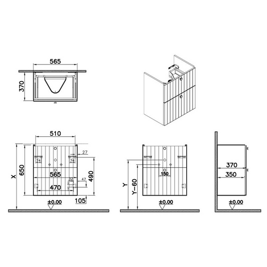 VitrA Root Groove 60cm 2 Drawer Slim Washbasin Unit | Matt Light Grey | 68982 - Envy Bathrooms Ltd