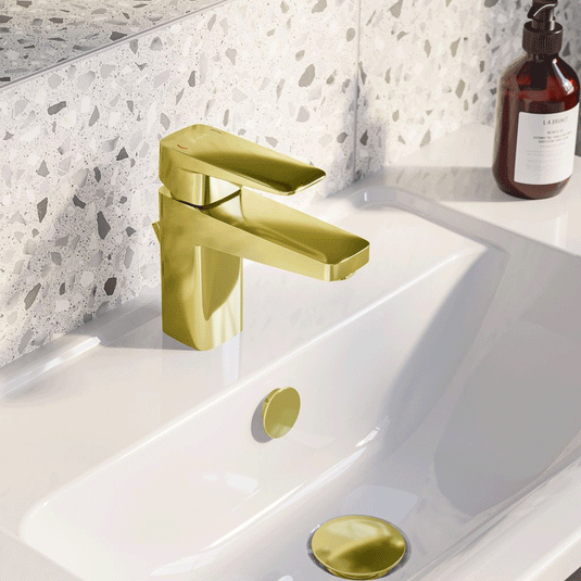 Vitra Root Square Single Lever Compact Basin Mixer Tap with Pop-up Waste - Gold - Envy Bathrooms Ltd