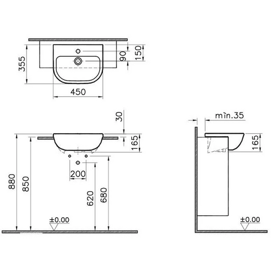 VitrA S20 450x350mm 1TH Semi Recessed Basin - White - 5521B003-0001 - Envy Bathrooms Ltd
