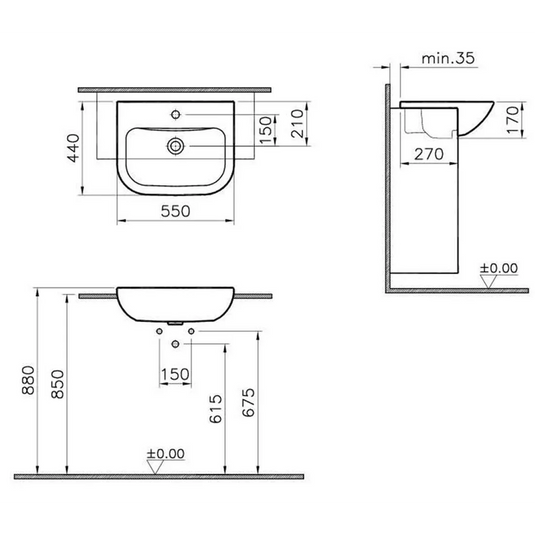 VitrA S20 550x445mm 1TH Semi Recessed Basin - White - 5524B003-0001 - Envy Bathrooms Ltd