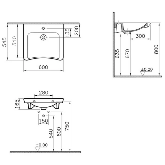 VitrA S20 600x545mm 1TH Basin (No Overflow) - White - 5289B003-0041 - Envy Bathrooms Ltd