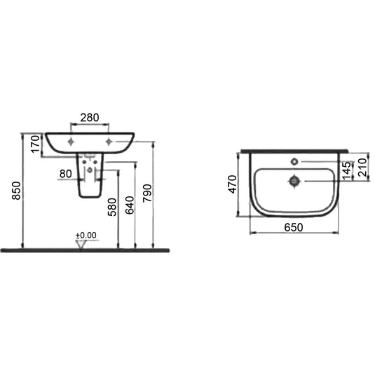Vitra S20 650mm 2 TH Wall Hung Basin - 5504WH2 - Envy Bathrooms Ltd