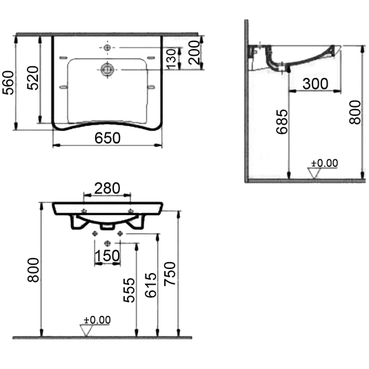 Vitra S20 Accessible Special Needs Basin - 650mm Wide - 1 Tap Hole - Envy Bathrooms Ltd