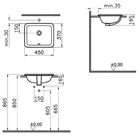 Vitra S20 Rectangular Undermount Countertop Basin - 450mm Wide - 0 Tap Hole - Envy Bathrooms Ltd