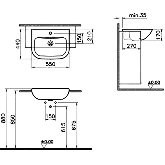 Vitra S20 Semi-Recessed Basin - 550mm Wide - 1 Tap Hole - Envy Bathrooms Ltd