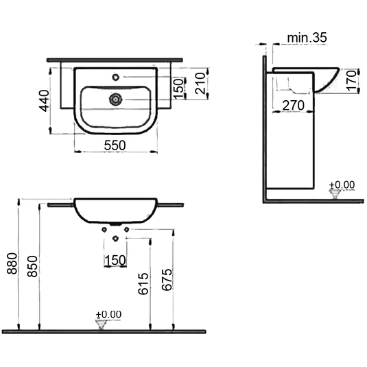 Vitra S20 Semi-Recessed Basin - 550mm Wide - 2 Tap Hole - Envy Bathrooms Ltd