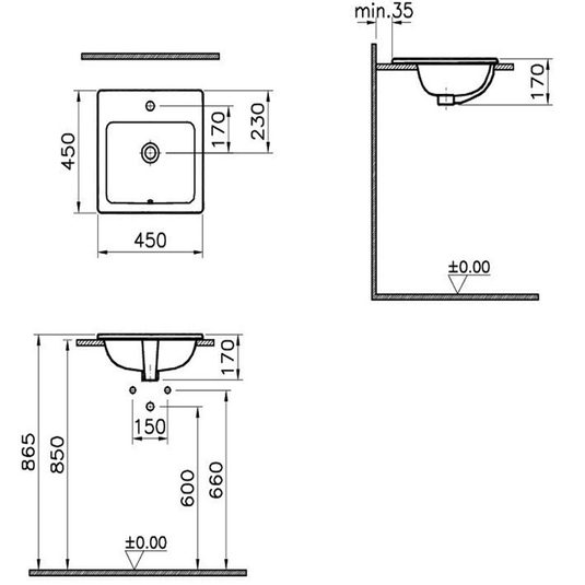 Vitra S20 Square Countertop Basin - 450mm Wide - 1 Tap Hole - Envy Bathrooms Ltd