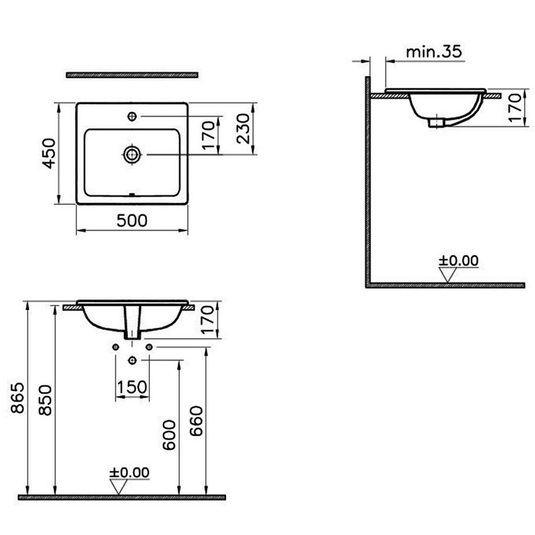 Vitra S20 Square Countertop Basin - 500mm Wide - 1 Tap Hole - Envy Bathrooms Ltd