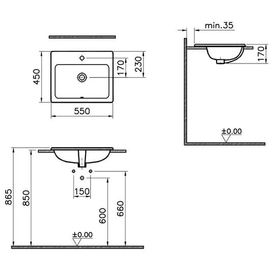 Vitra S20 Square Countertop Basin - 550mm Wide - 1 Tap Hole - Envy Bathrooms Ltd