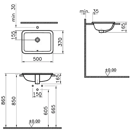 Vitra S20 Square Inset Countertop Basin - 500mm Wide - 0 Tap Hole - Envy Bathrooms Ltd