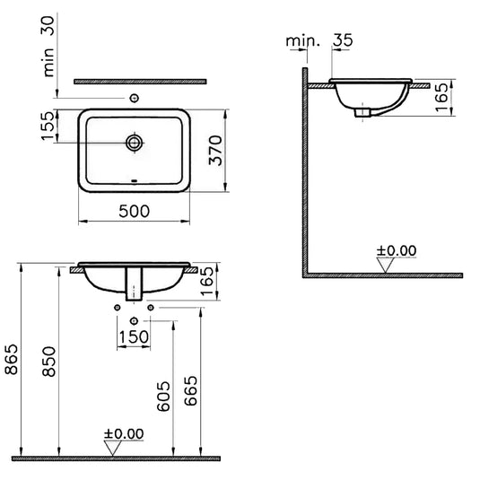 Vitra S20 Square Inset Countertop Basin - 500mm Wide - 0 Tap Hole - Envy Bathrooms Ltd