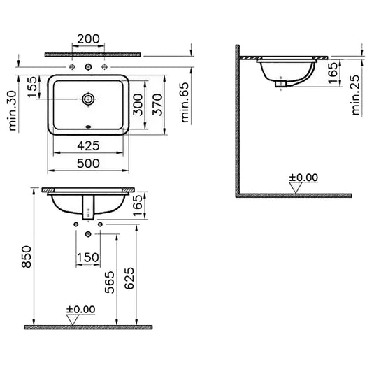 Vitra S20 Square Undermount Countertop Basin - 500mm Wide - 0 Tap Hole - Envy Bathrooms Ltd