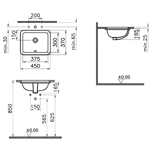 Vitra S20 Square Undermount Countertop Basin - 450mm Wide - 0 Tap Hole - Envy Bathrooms Ltd
