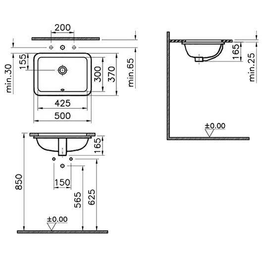 Vitra S20 Square Undermount Countertop Basin - 500mm Wide - 0 Tap Hole - Envy Bathrooms Ltd