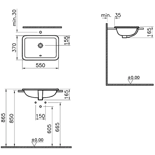 Vitra S20 Square Undermount Countertop Basin - 550mm Wide - 0 Tap Hole - Envy Bathrooms Ltd