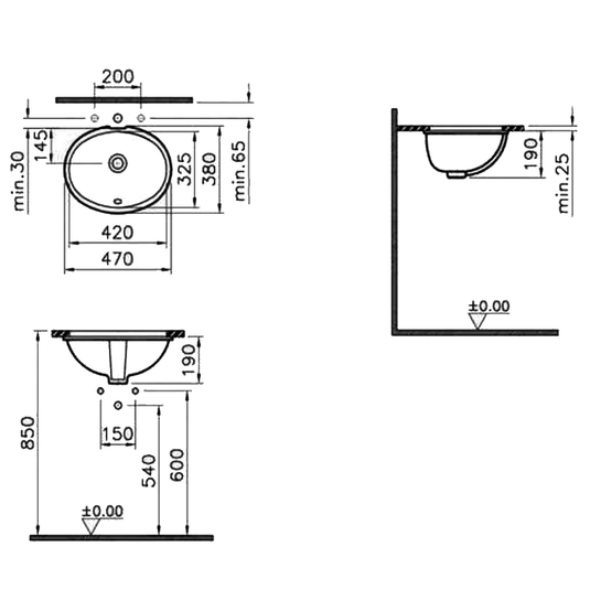 Vitra S20 Undermount Countertop Basin - 420mm Wide - 0 Tap Hole - Envy Bathrooms Ltd