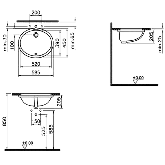 Vitra S20 Undermount Countertop Basin - 520mm Wide - 0 Tap Hole - Envy Bathrooms Ltd