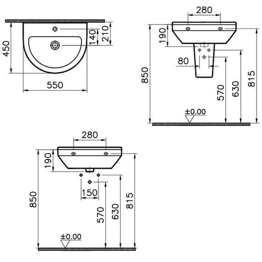 Vitra S50 Round Cloakroom Basin with Large Semi Pedestal - 550mm Wide - 1 Tap Hole - Envy Bathrooms Ltd