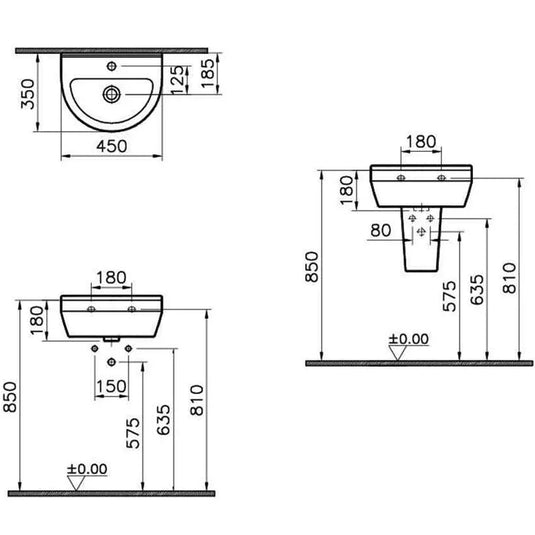 Vitra S50 Round Cloakroom Basin with Small Semi Pedestal - 450mm Wide - 1 Tap Hole - Envy Bathrooms Ltd