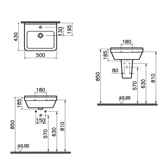 Vitra S50 Square Cloakroom Basin with Small Semi Pedestal - 500mm Wide - 1 Tap Hole - Envy Bathrooms Ltd