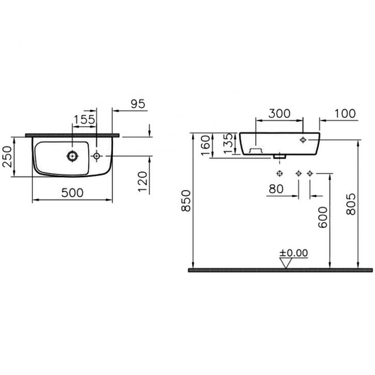 Vitra Shift Compact Right Handed Wall Hung Basin 500mm Wide - 1 Tap Hole - Envy Bathrooms Ltd