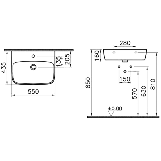 Vitra Shift Wall Hung Basin 550mm Wide - 1 Tap Hole - Envy Bathrooms Ltd