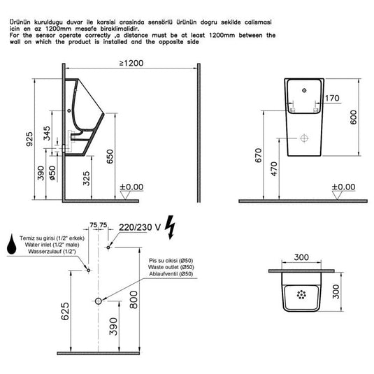 VitrA Syphonic Urinal - Back Water Inlet - White - 5461B003-5598 - Envy Bathrooms Ltd