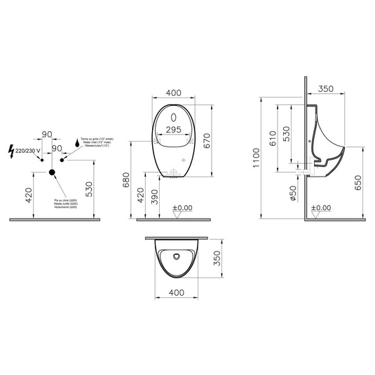 VitrA Urinal With Integrated Flush (Mains) - White - 5999B003-5556 - Envy Bathrooms Ltd