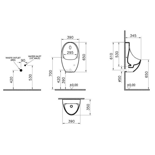 VitrA Urinal With Integrated Flush (Battery) - White - 5999B003-5555 - Envy Bathrooms Ltd