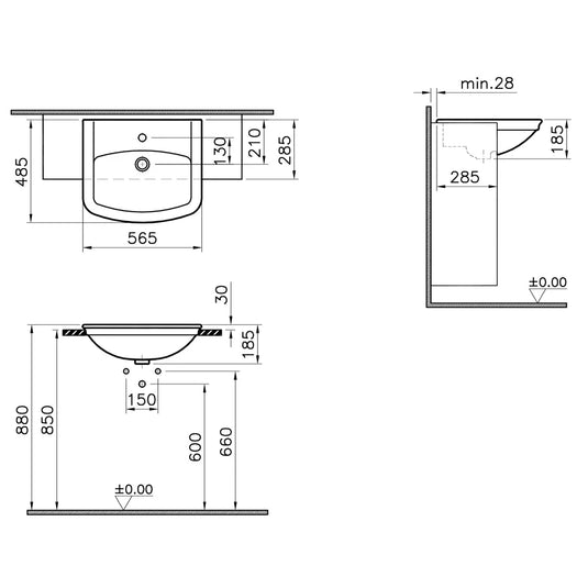 Vitra Valarte Semi Recessed Basin - 565mm Wide - 1 Tap Hole - Envy Bathrooms Ltd