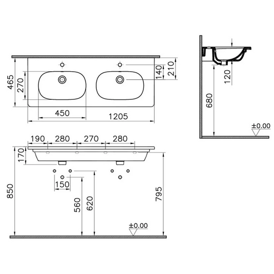 VitrA Zentrum 1200x460mm 2TH Vanity Basin w/Overflow - White - 7795B003-0001 - Envy Bathrooms Ltd