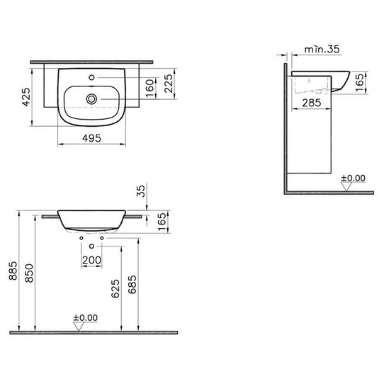 VitrA Zentrum 495x425mm 1TH Semi Recessed Basin - White - 5635B003-0001 - Envy Bathrooms Ltd