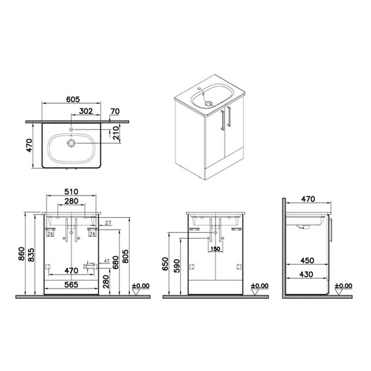 VitrA Zentrum 60cm 2 Drawer F/S Washbasin Unit | High Gloss White | 66379 - Envy Bathrooms Ltd