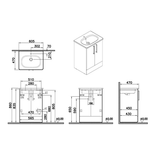 VitrA Zentrum 60cm 2 Drawer F/S Washbasin Unit | Matt Storm Grey | 68189 - Envy Bathrooms Ltd