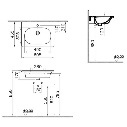 VitrA Zentrum 600x460mm 1TH Vanity Basin w/Overflow - White - 7791B003-0001 - Envy Bathrooms Ltd