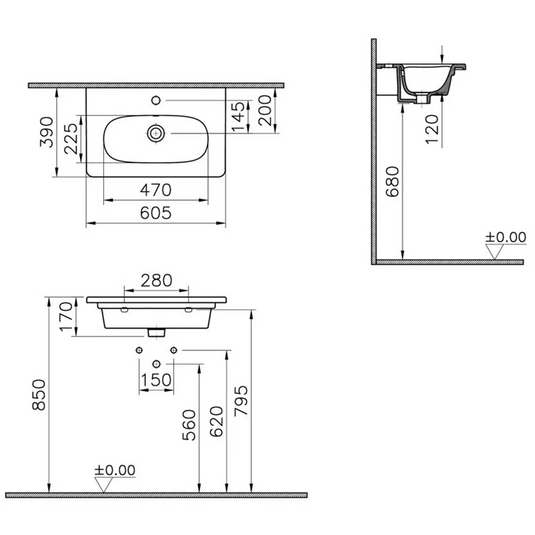 VitrA Zentrum 605x390mm 1TH Vanity Basin w/Overflow - White - 7790B003-0001 - Envy Bathrooms Ltd